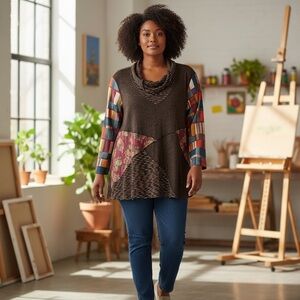 Ali Miles Top Brown Multicolor Textured Cowl Neck Long Sleeve in Size 3X  NWT